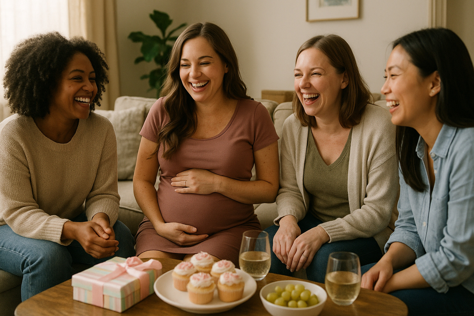 Babyshower Feier – glückliche Familie und Freunde beim Feiern des neuen Lebens