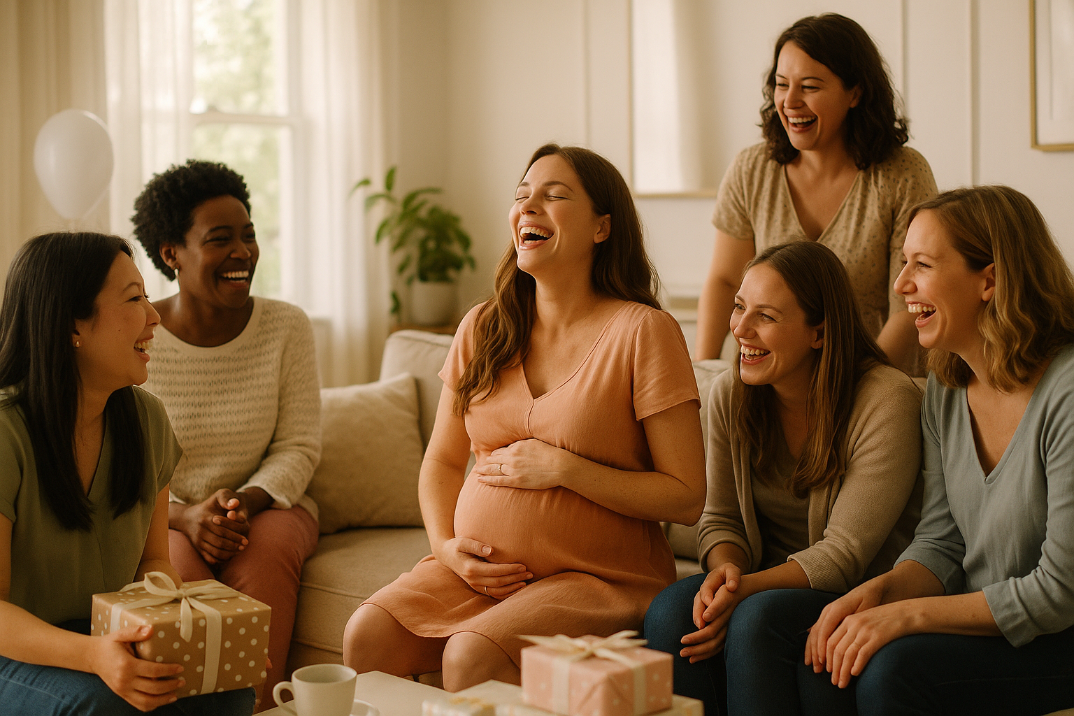 Freunde bei einer Babyshower mit Geschenken