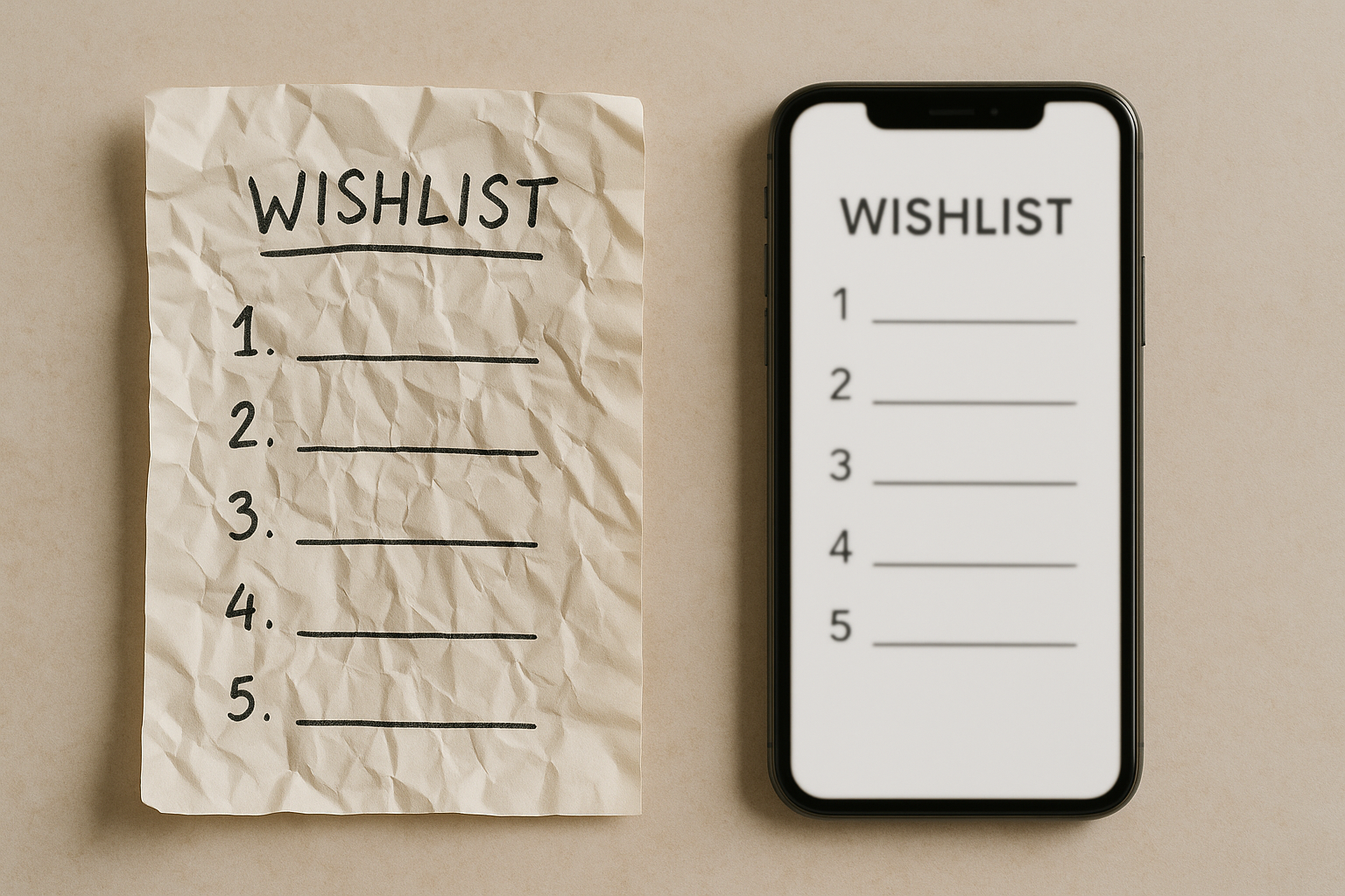 Papier-Wunschliste neben digitalem Gerät – Vergleich