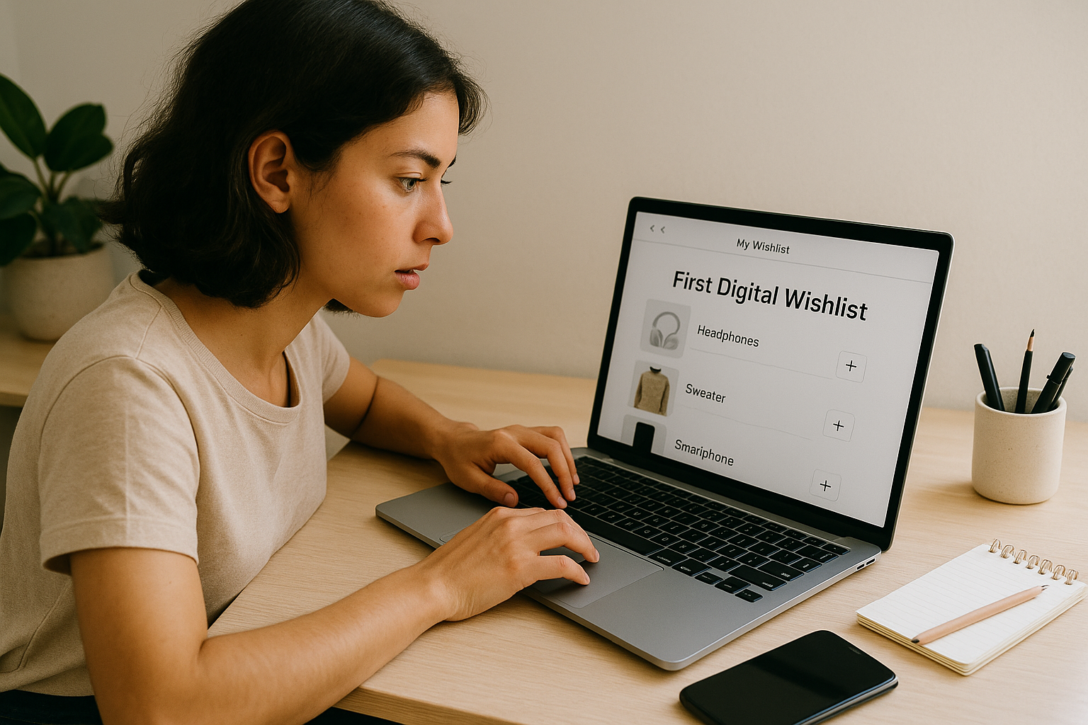 Person erstellt digitale Wunschliste am Smartphone