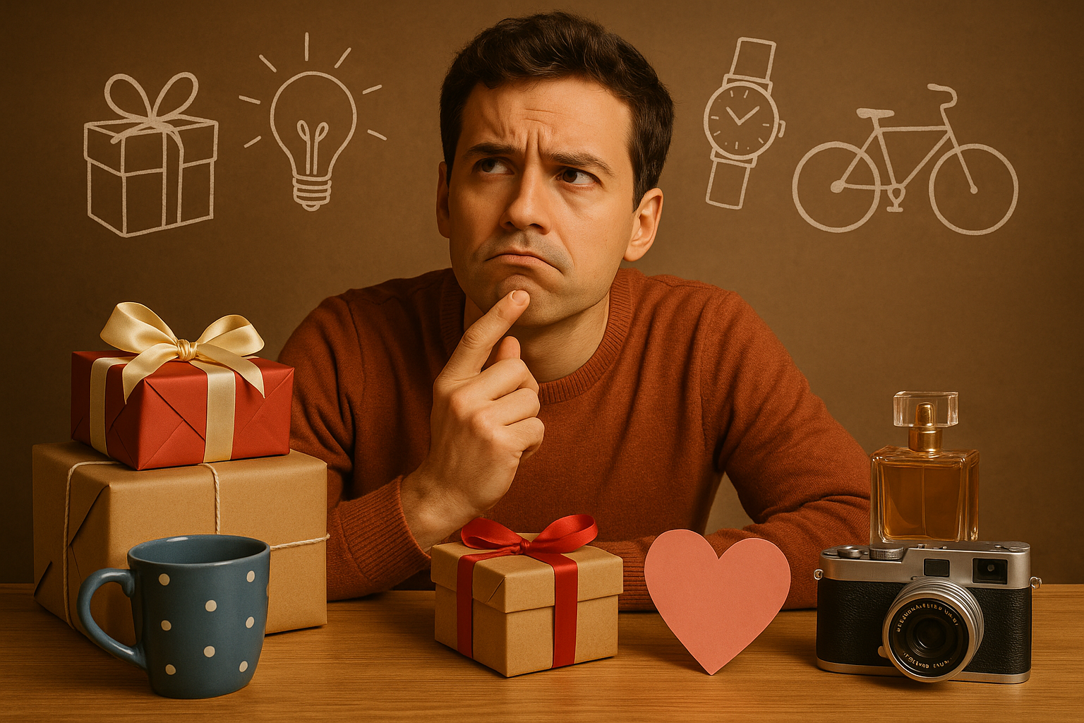 Nachdenkliche Person mit einem unausgepackten Geschenk
