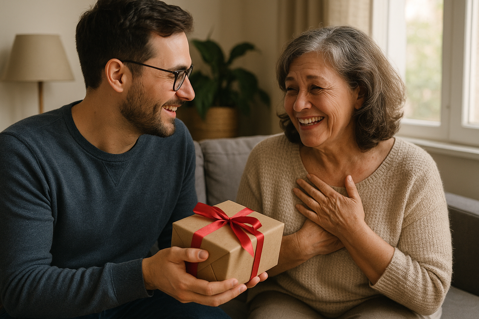 Mutter freut sich über ein durchdachtes Geburtstagsgeschenk