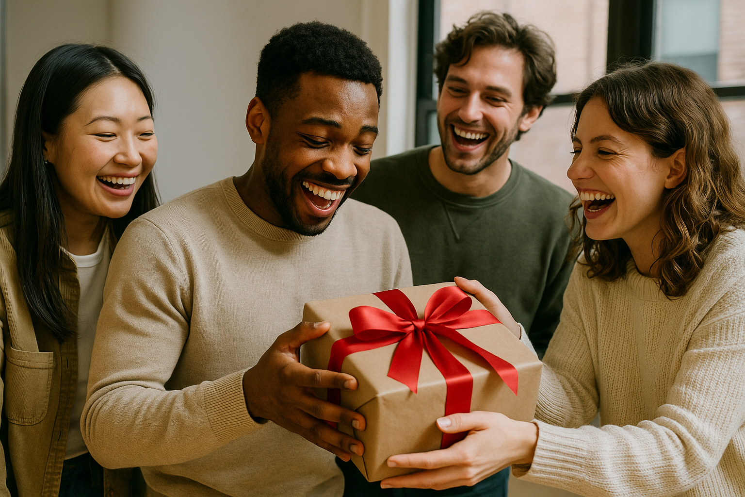 Gruppe überreicht gemeinsam ein Geschenk