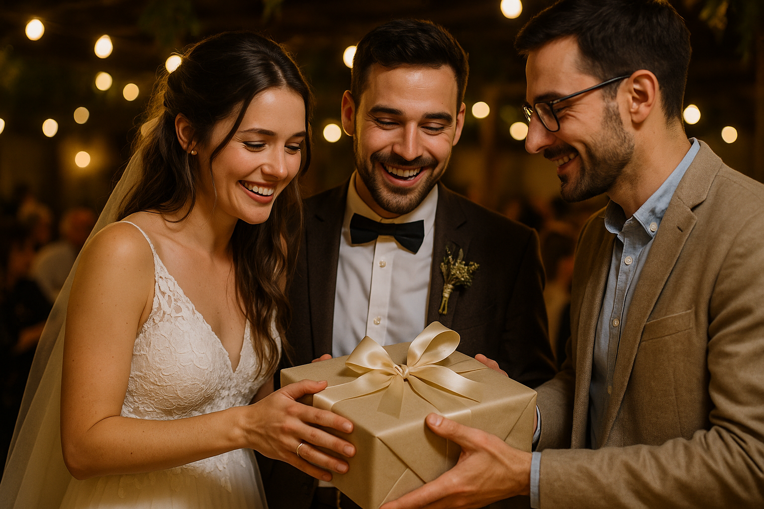 Glückliches Brautpaar öffnet Hochzeitsgeschenke