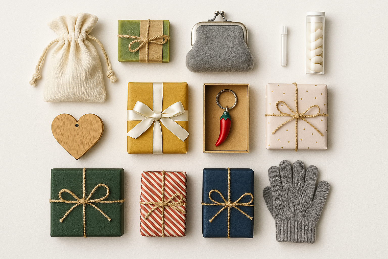 Auswahl günstiger Wichtelgeschenke auf einem Holztisch