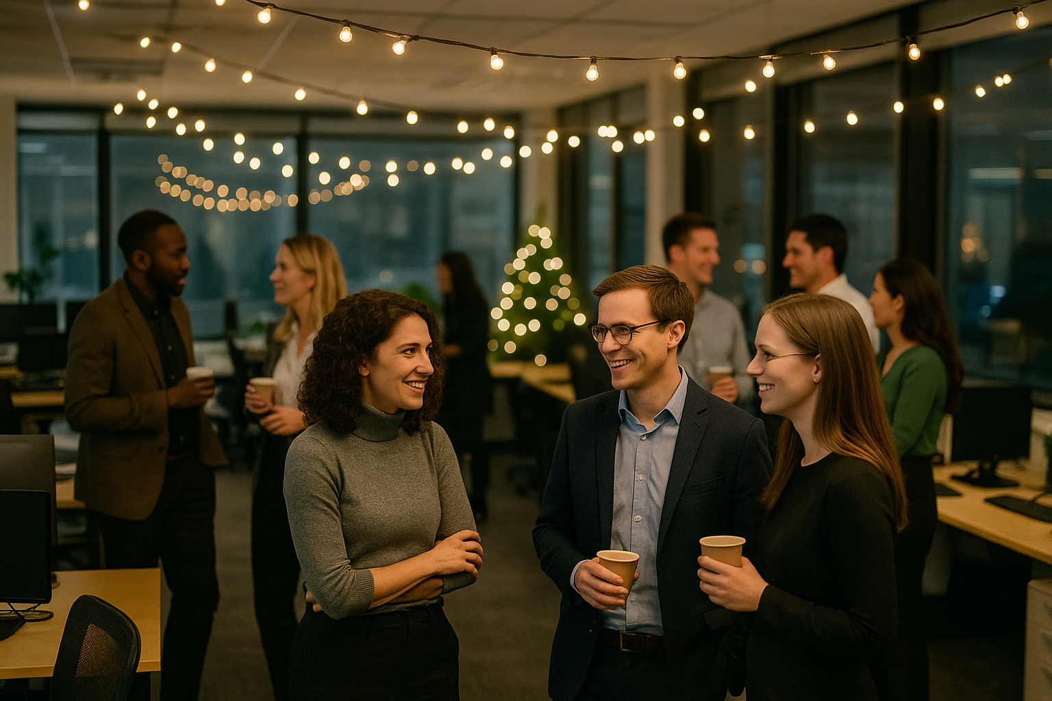 Büroparty mit Wichtelgeschenken unter dem Weihnachtsbaum